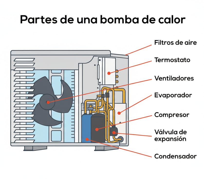 Componentes internos de una bomba de calor para piscina