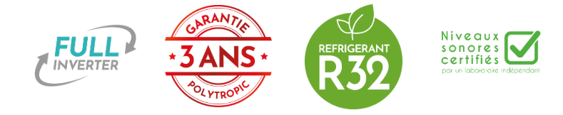 Full Inverter · Garantie 3 Ans Polytropic · Réfrigérant R32 · Niveaux sonores certifiés — CRYO INVERTER