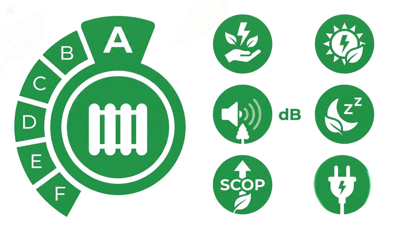 Iconos de eficiencia energética y SCOP para bombas de calor de piscina